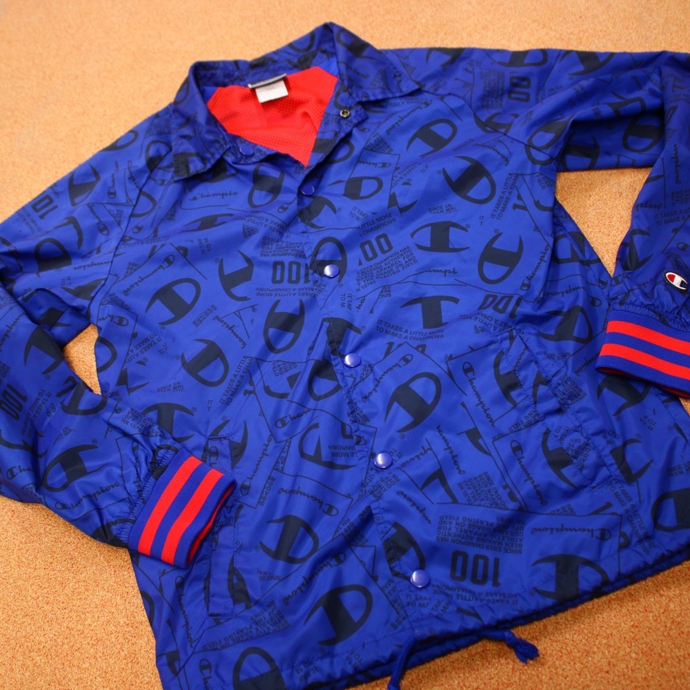 Champion Winbreaker Track Jacket Coat Blue All Over Print Retro Y2K Womens Sz S